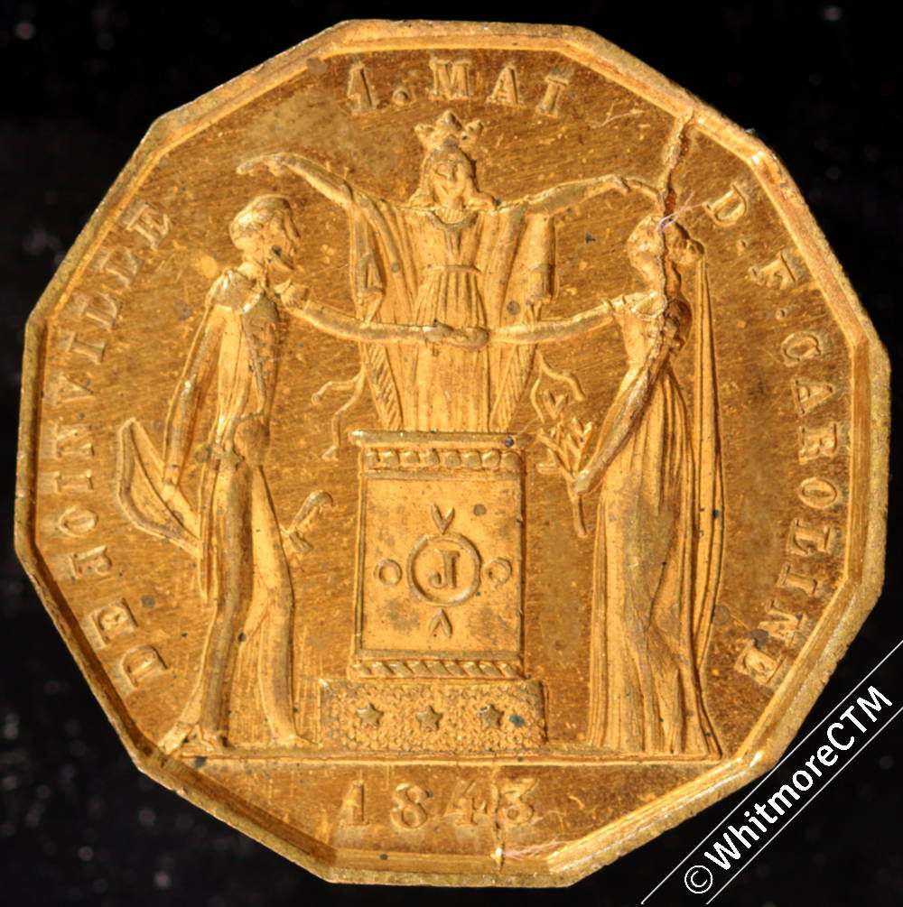 1843 France Marriage of François d'Orléans, Princess Francisca Medal 25mm brass