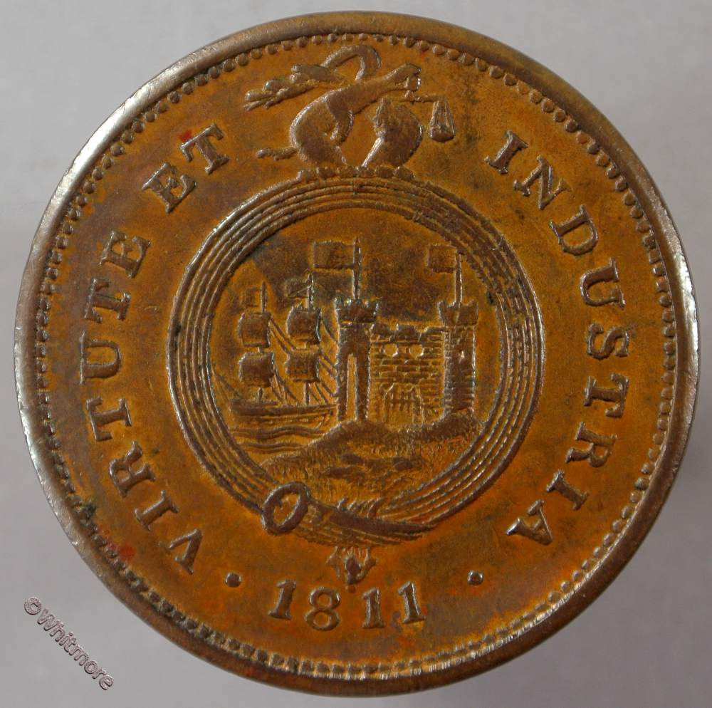 19th Century Penny Bristol 528 1811 Bristol & South Wales Plumes Arms in garter - obv