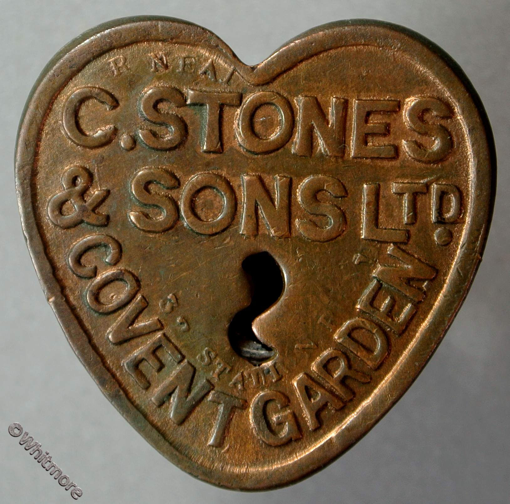Market Token Covent Garden 2s C.Stones & Sons. S piercing. Heartshaped copper