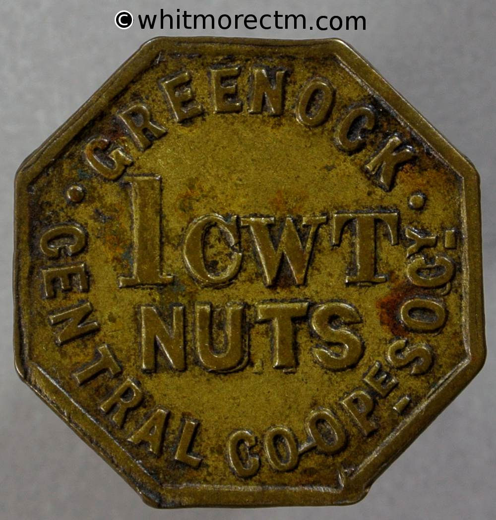 Co-Operative Society Token Greenock Central 1 cwt nuts - Uniface Octagonal brass