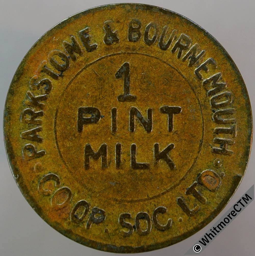 Co-Operative Society Token Parkstone & Bournemouth 26mm 1 pint milk. Brass