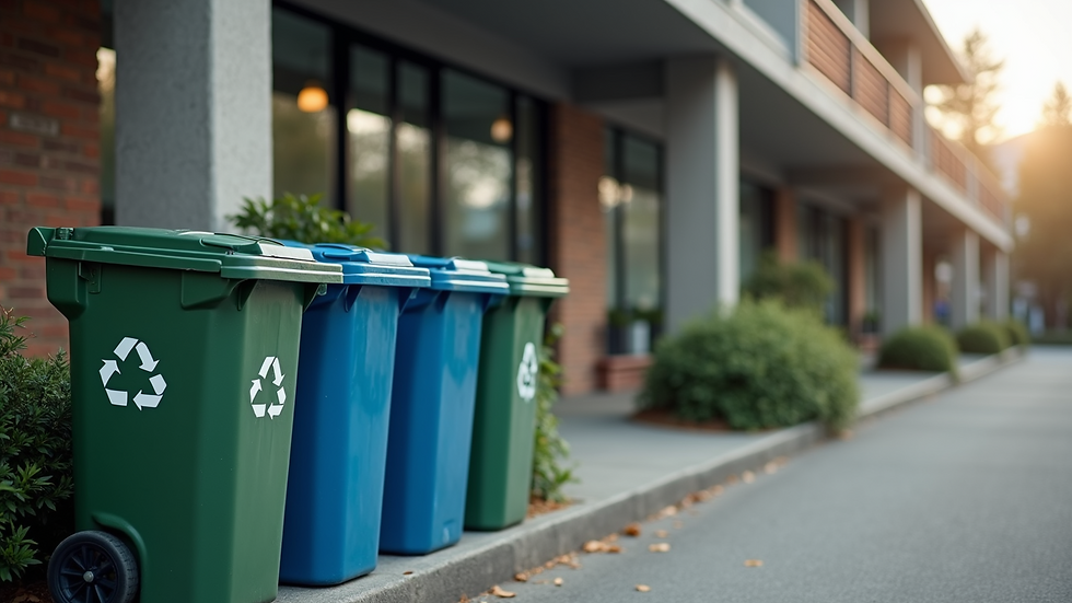 Eye-level view of recycling bins arranged outside a commercial building