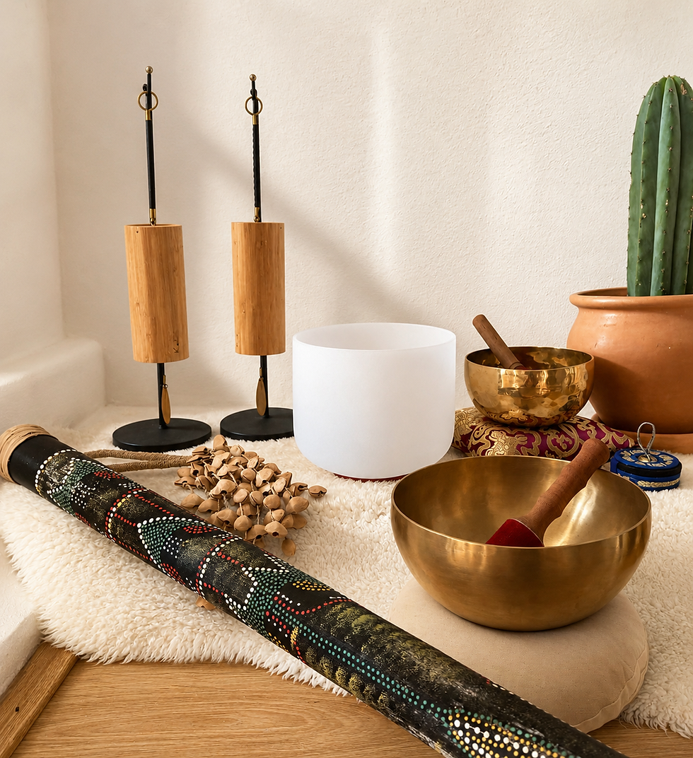 Sound healing instruments, including singing bowls, chimes and a crystal bowl, available for retreat hosts at Maria Leona Retreats in Andalusia, Spain.