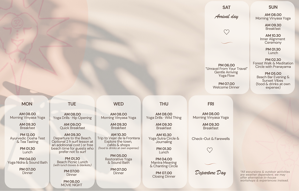 Sample schedule for a 7-day yoga retreat at Maria Leona Retreats in Andalusia, including yoga, meditation, breathwork, healthy meals and local experiences.