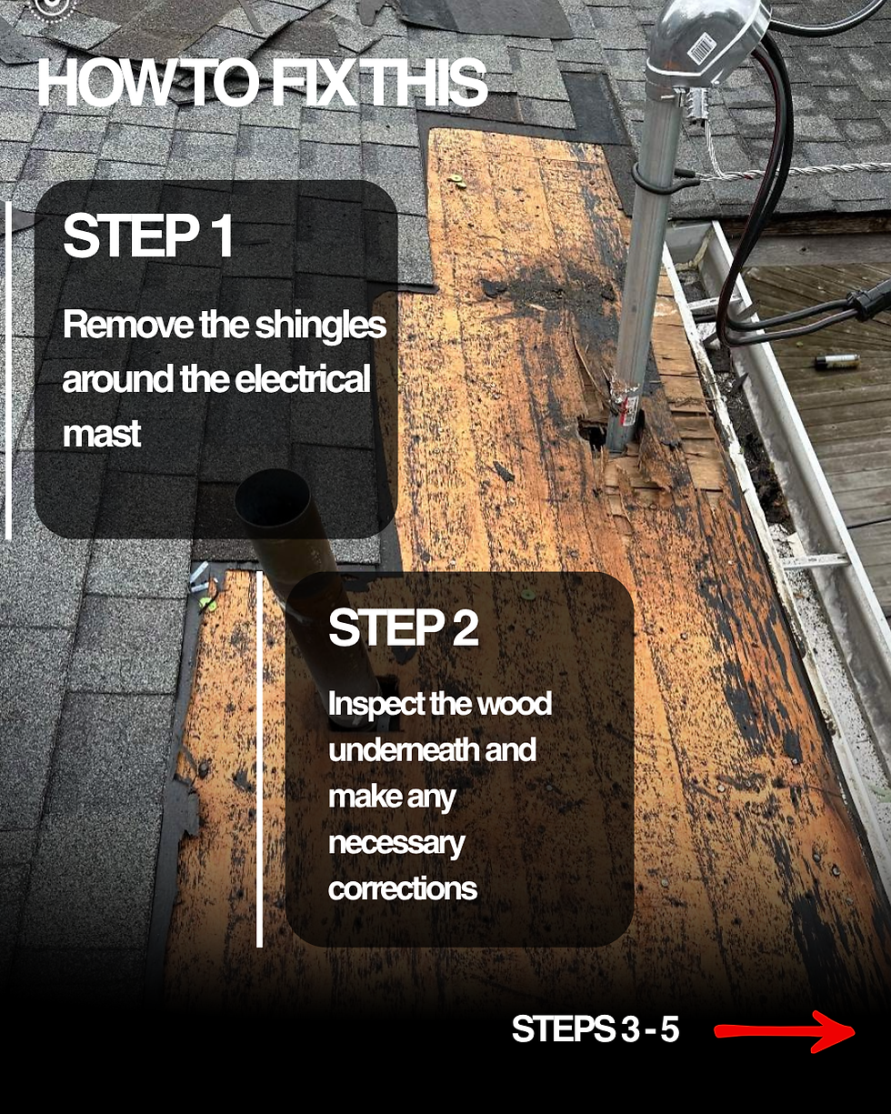 Shingles removed and roof decking exposed around an electrical mast