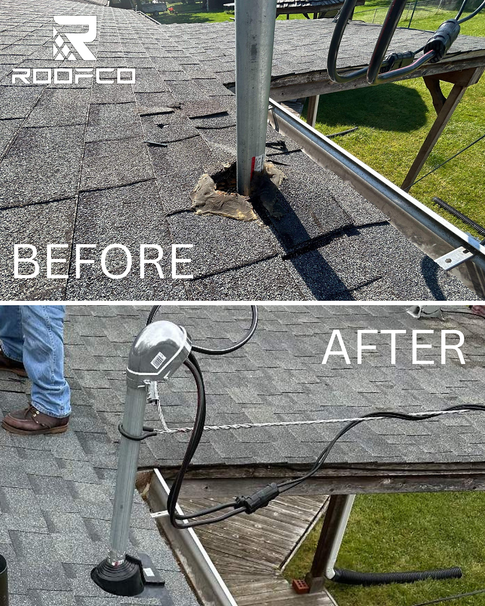 Before and after of an electrical mast flashing installation
