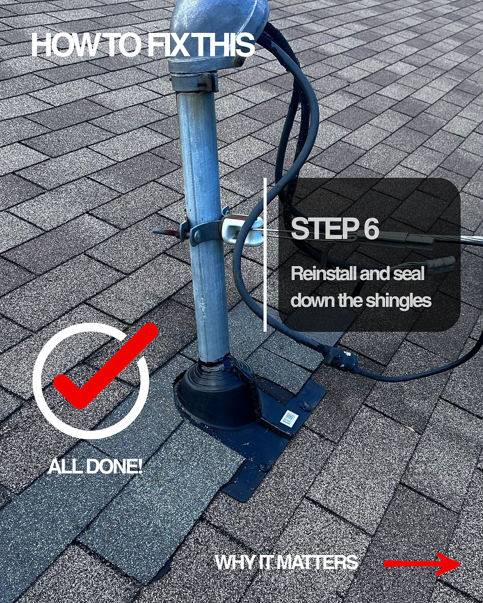 Completed electrical mast flashing repair with shingles reinstalled