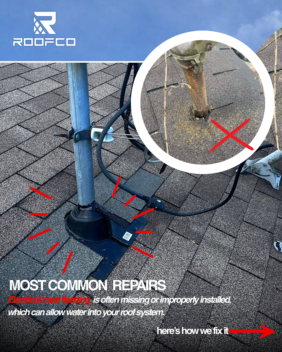 Completed electrical service mast repair and electrical service mast with missing flashing on an asphalt shingle roof