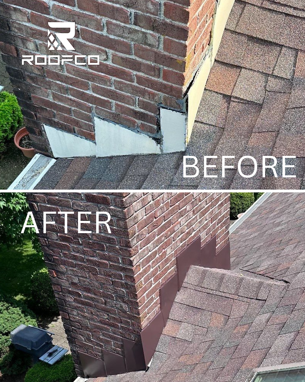 Before and after of custom flashing installed around a brick chimney