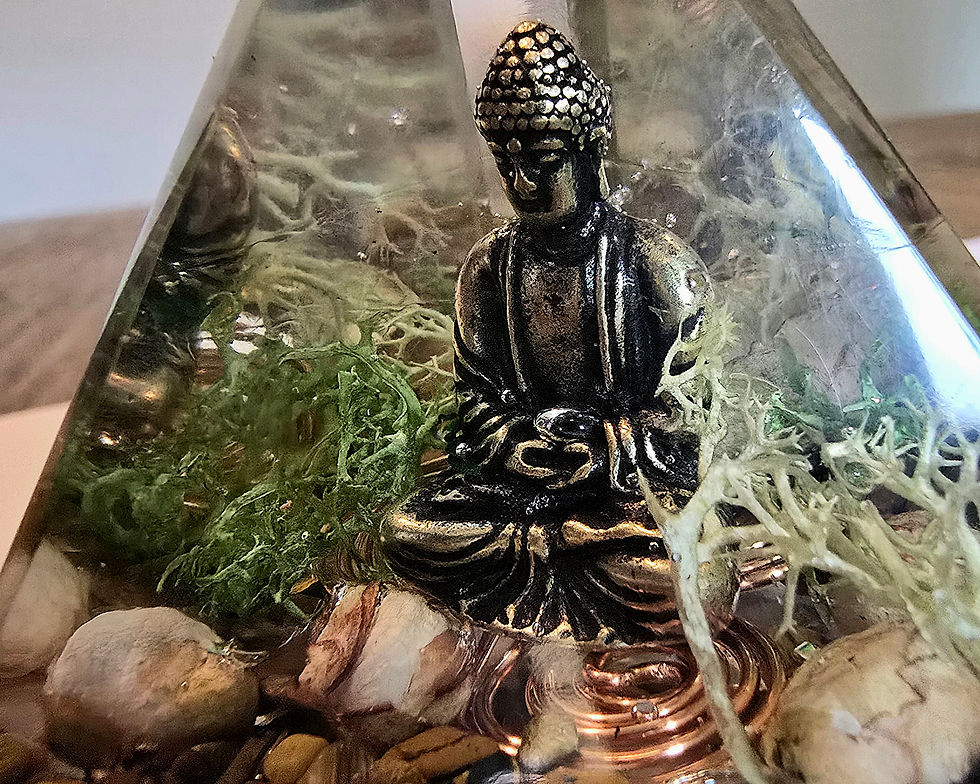 Thumbnail: Beveled resin pyramid orgone cleanser with Buddha,  real crystals and lotus