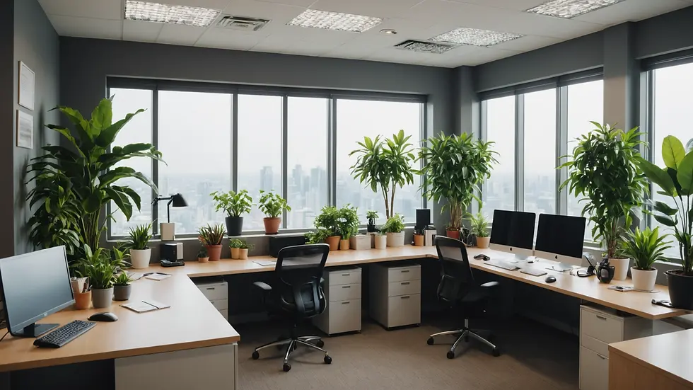 Eye-level view of a well-organized office with plants