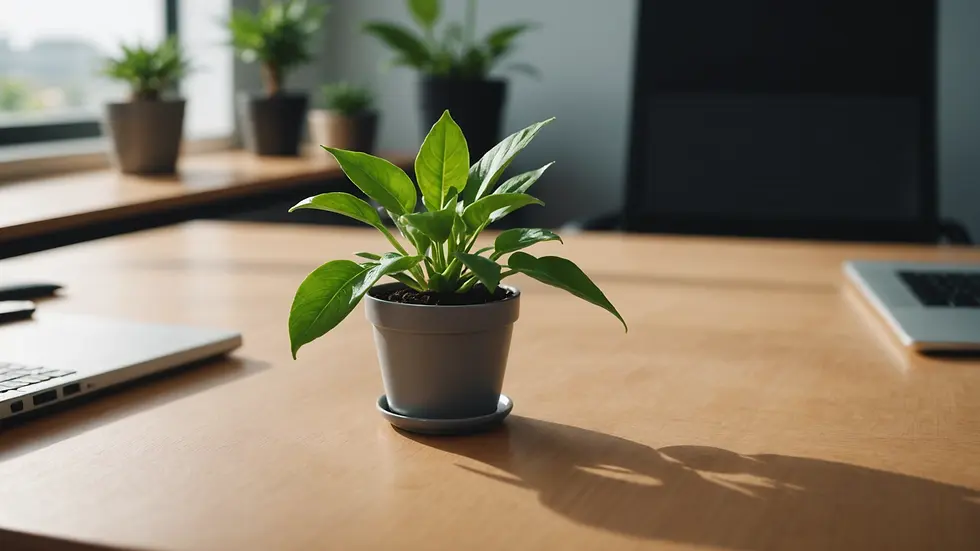 Close-up view of a sanitized desk surface with a plant