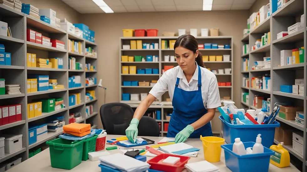 Wide angle view of a cleaning professional organizing office supplies