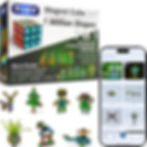 Toy box showing glow-in-the-dark magnetic cubes with a phone displaying designs. Bright, colorful blocks in various playful shapes.