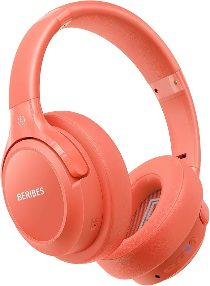 Coral-colored over-ear headphones with the text "BERIBES" on the side, displayed against a white background, conveying a sleek design.