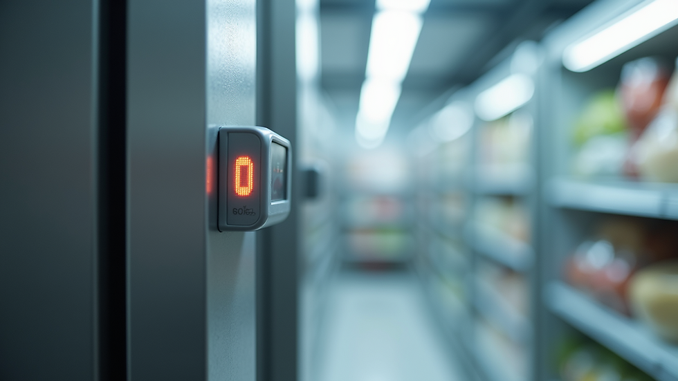 Close-up view of a digital temperature sensor attached to a refrigerated food storage unit