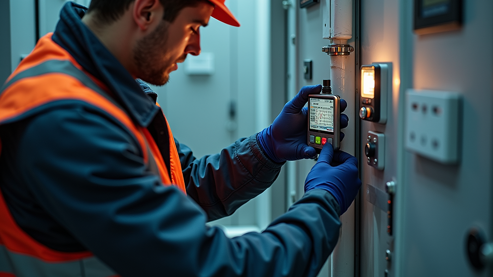 High angle view of technician installing energy monitoring equipment