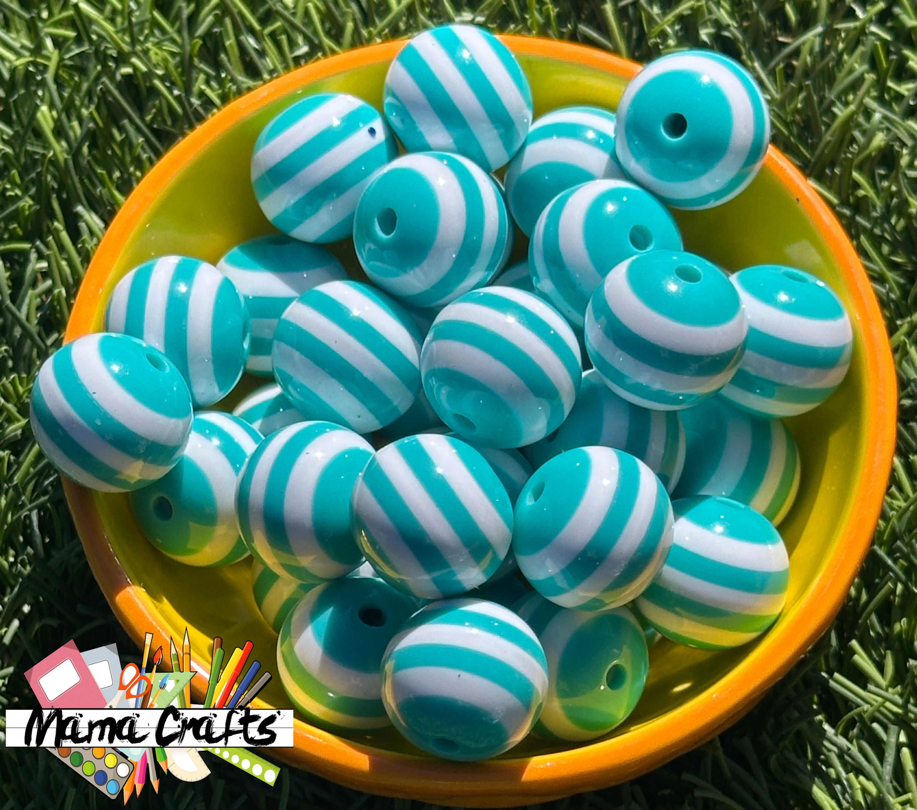 20mm Light Blue with White Stripes Bubblegum Beads, Resin Gumball Beads in Bulk,