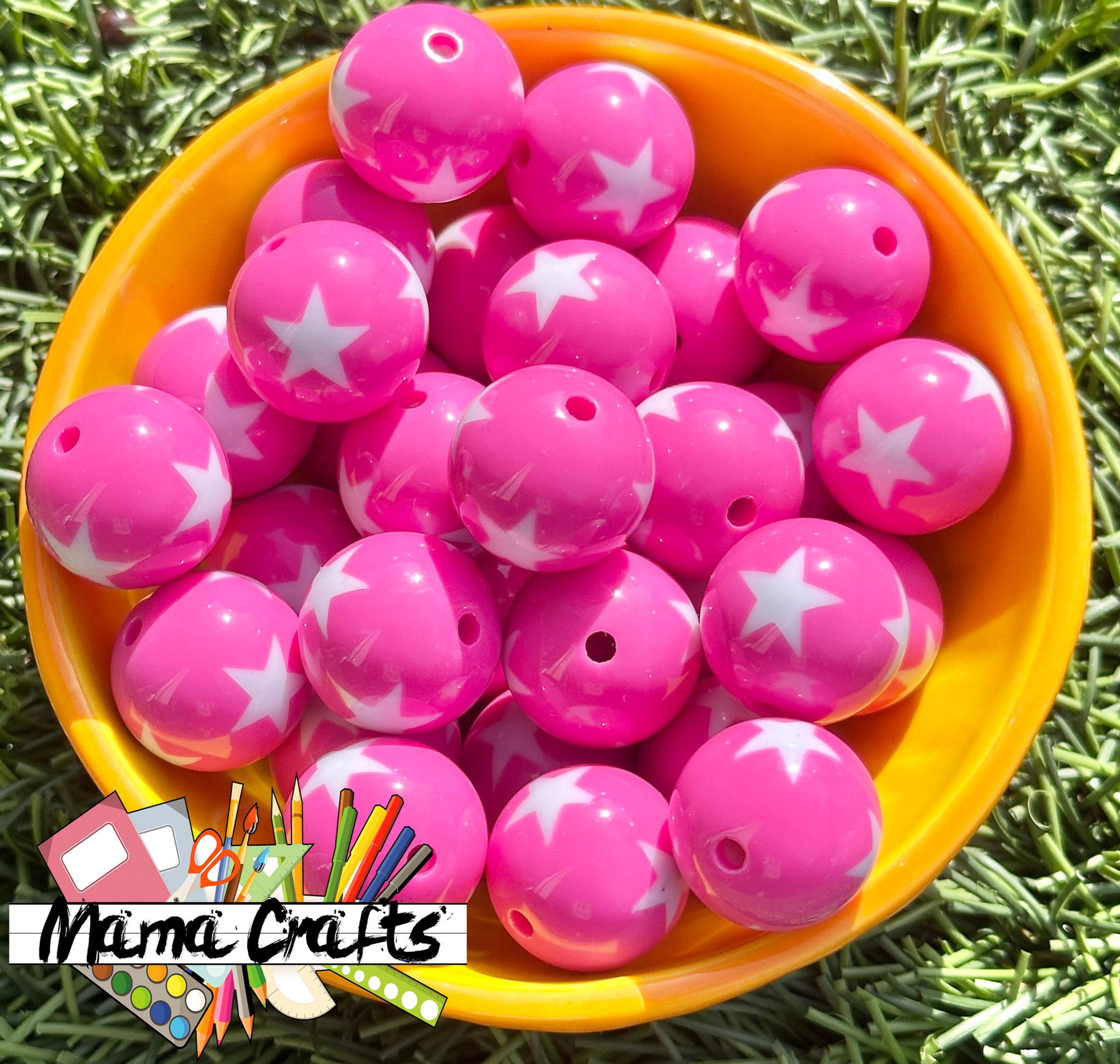 20MM Bright Fuchsia with White Stars Chunky Bubblegum Beads, Acrylic Beads in Bu