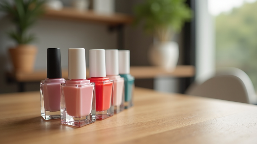 Eye-level view of nail care products arranged on a wooden table