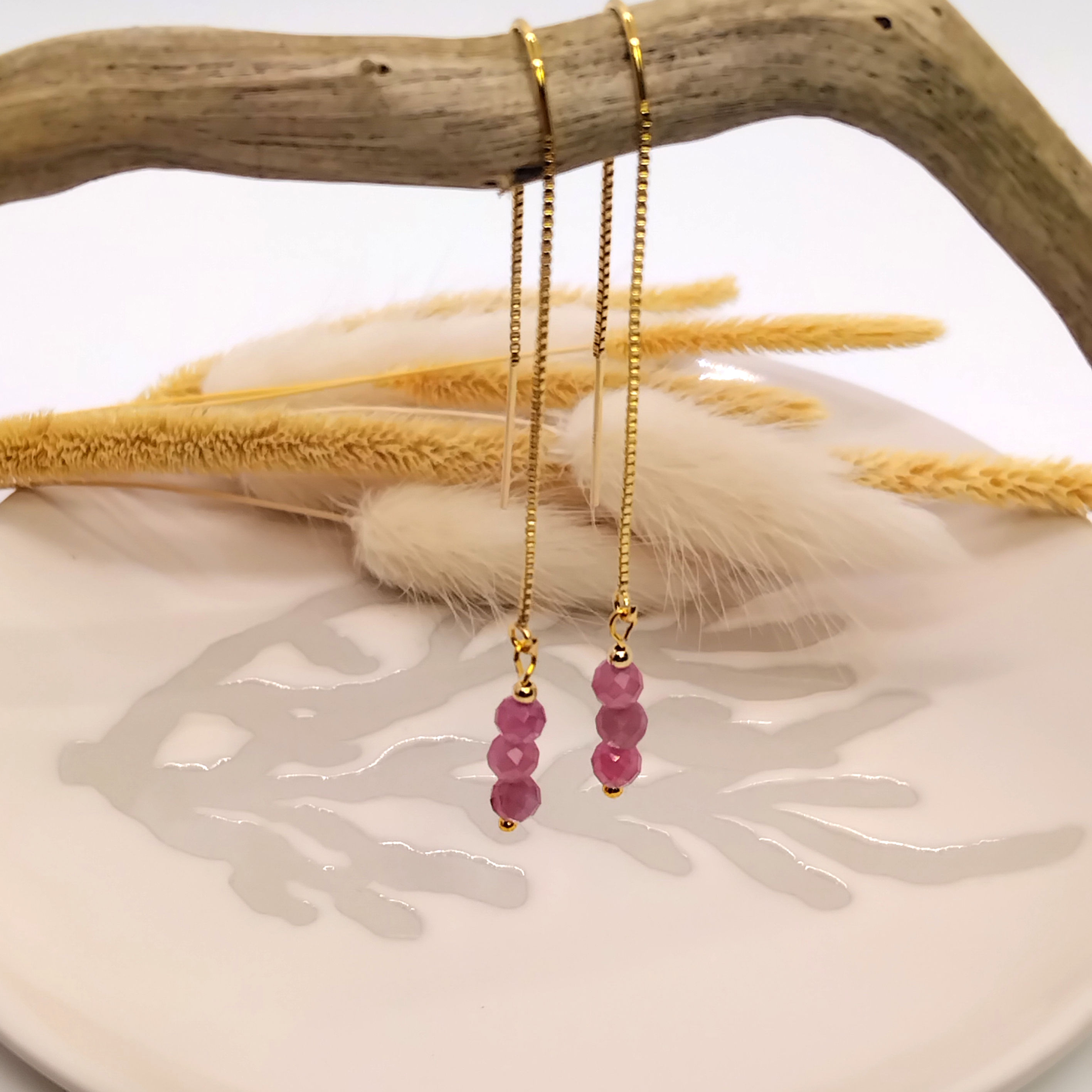 Chaines d'oreilles en tourmaline rose