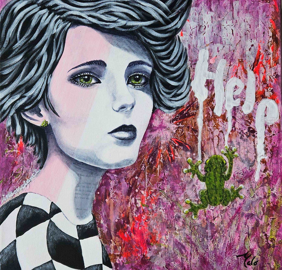 Portrait de femme Pop au regard intense sur fond abstrait texturé - couleurs de rose et mauve, Nancy Malo artiste québécoise