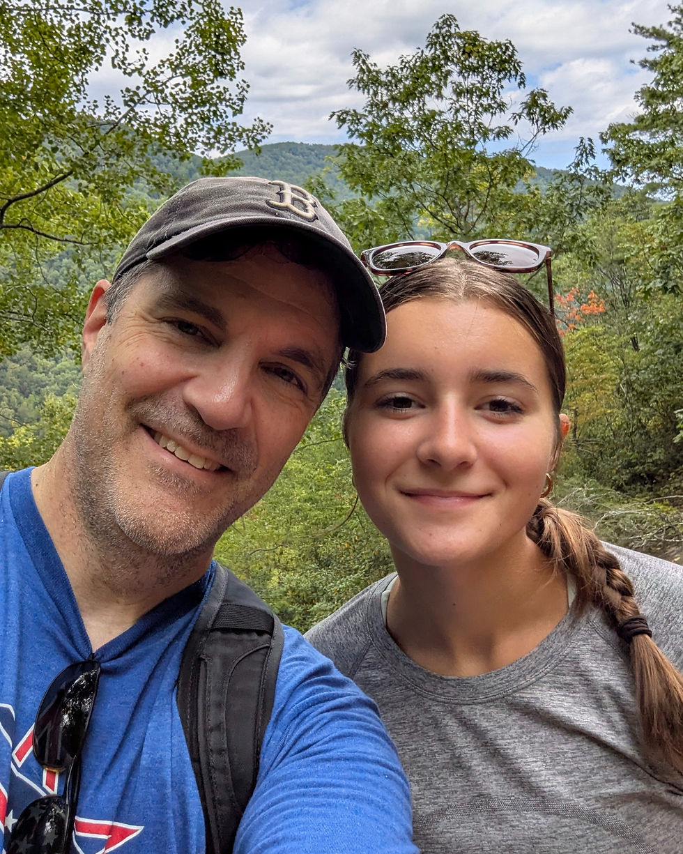 Quick selfie with Dad while hiking with friends for her 16th birthday