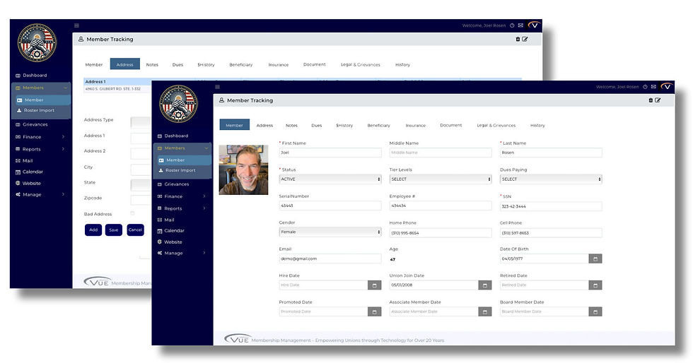 VUE Dashboard showing a list of members with their pertinent information