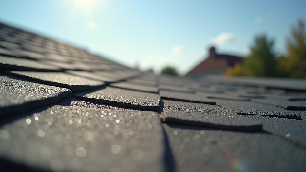 Eye-level view of a clean residential roof with intact shingles under clear sky