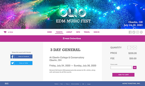 Olio Music Festival Ticket Selection Page