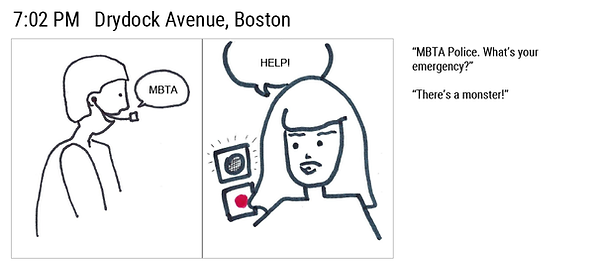 7:02 PM Drydock Avenue, Boston. Dispatcher answers, "MBTA Police. What's your emergency?" Jen replies, "There's a monster!"