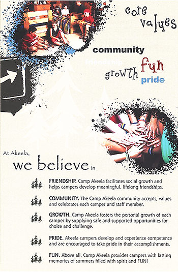 Camp Akeela Brochure Page 2: Core Values, Beliefs