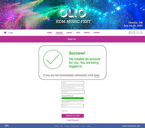 Olio Music Festival Account Created Page