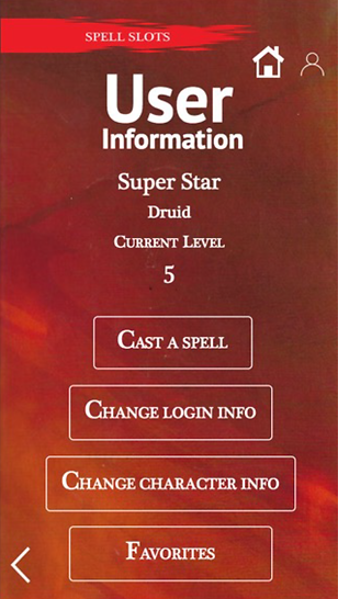 Spell Slots Game App: User Information Screen