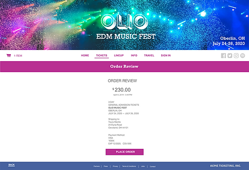 Olio Music Festival Order Review Page