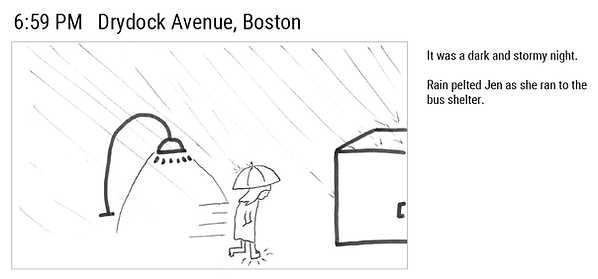 6:59 PM Drydock Avenue, Boston. It was a dark and stormy night. Rain pelted Jen as she ran to the bus shelter.