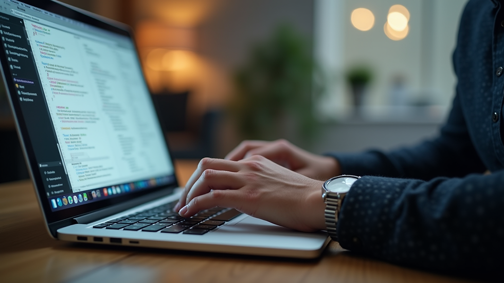 Close-up view of a developer coding a responsive website on a laptop