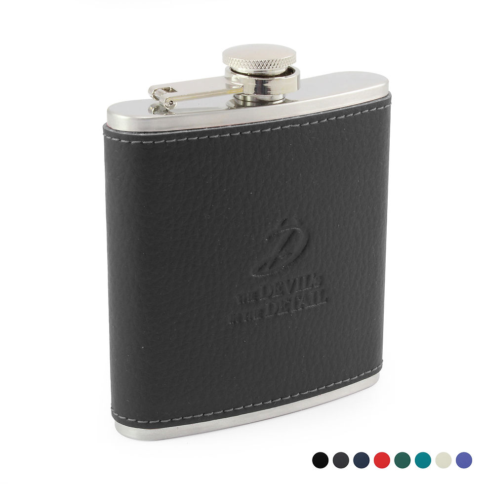Hip Flask with a Recycled ELeather Wrap, made in the UK in a choice of 8 colours