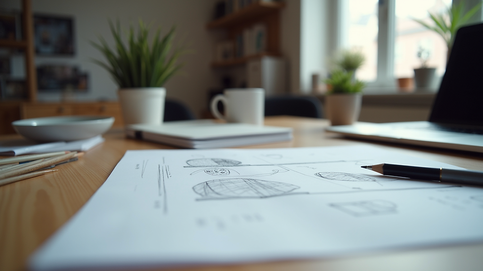 Close-up view of a designer’s desk with sketches and a laptop