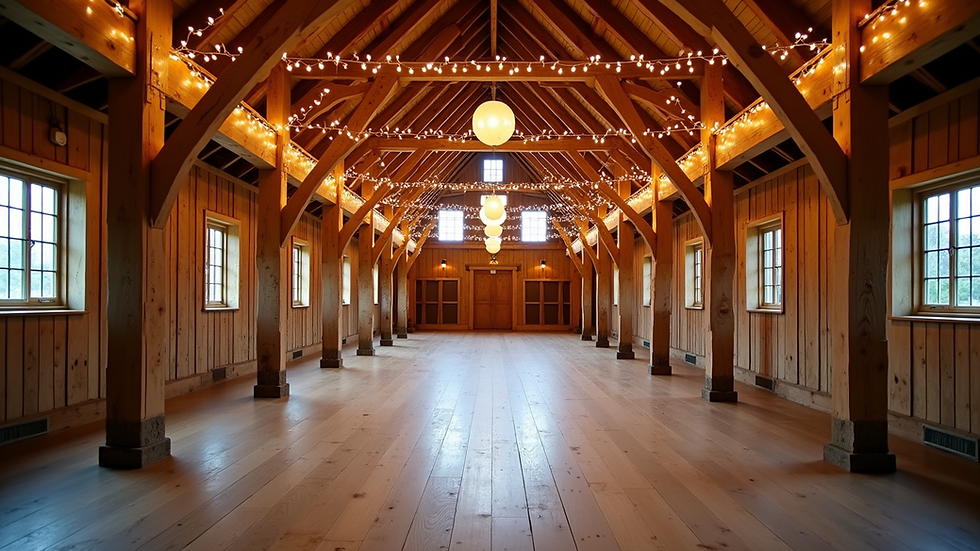 Wide angle view of a rustic barn wedding venue with wooden beams and fairy lights