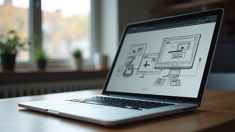 Eye-level view of a laptop showing website design sketches