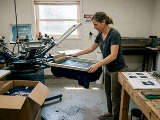 Technician screen printing team shirts in workshop