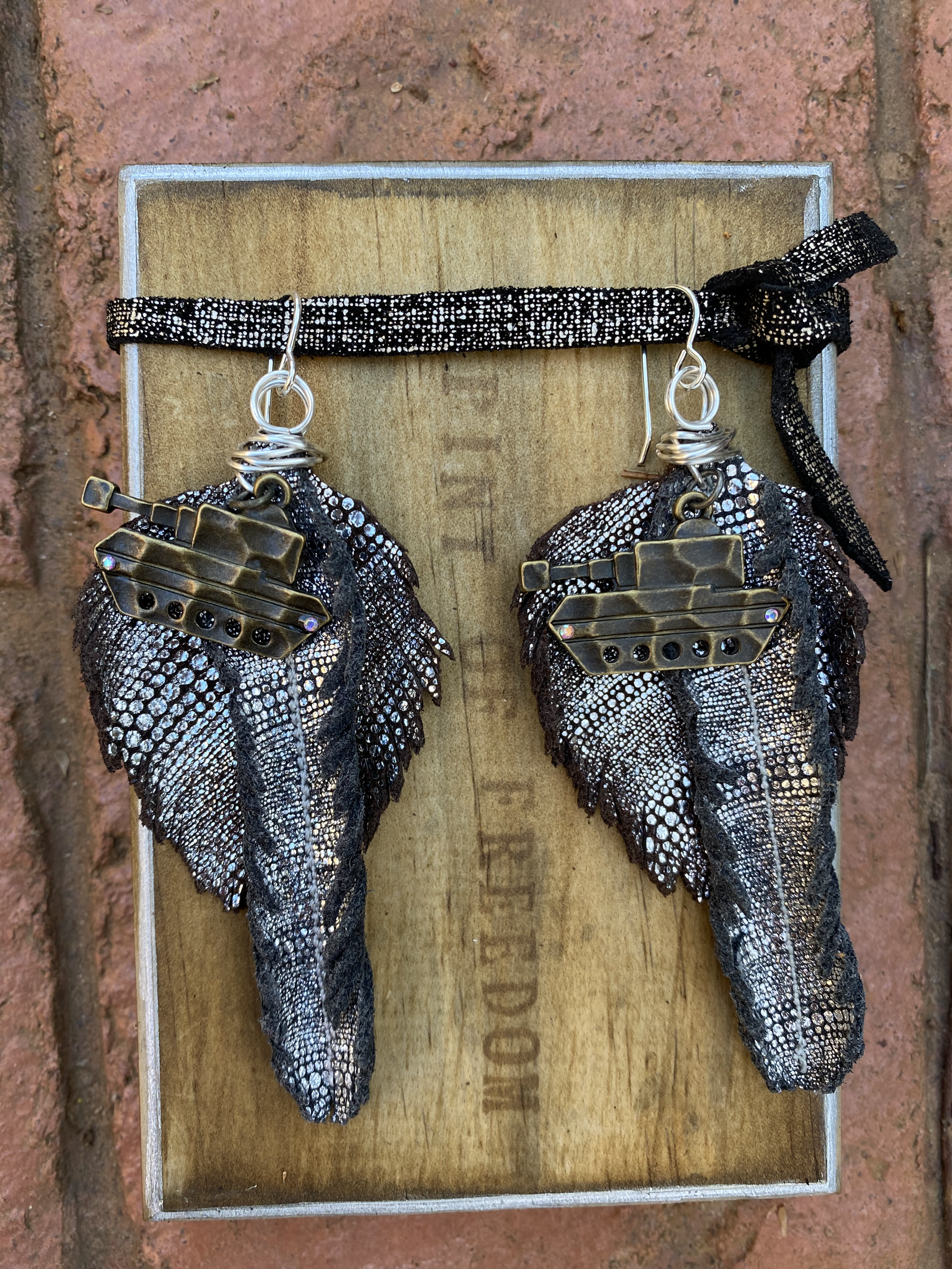 Metallic Leather Hops and Feather  - Old Armor Inspired Earrings