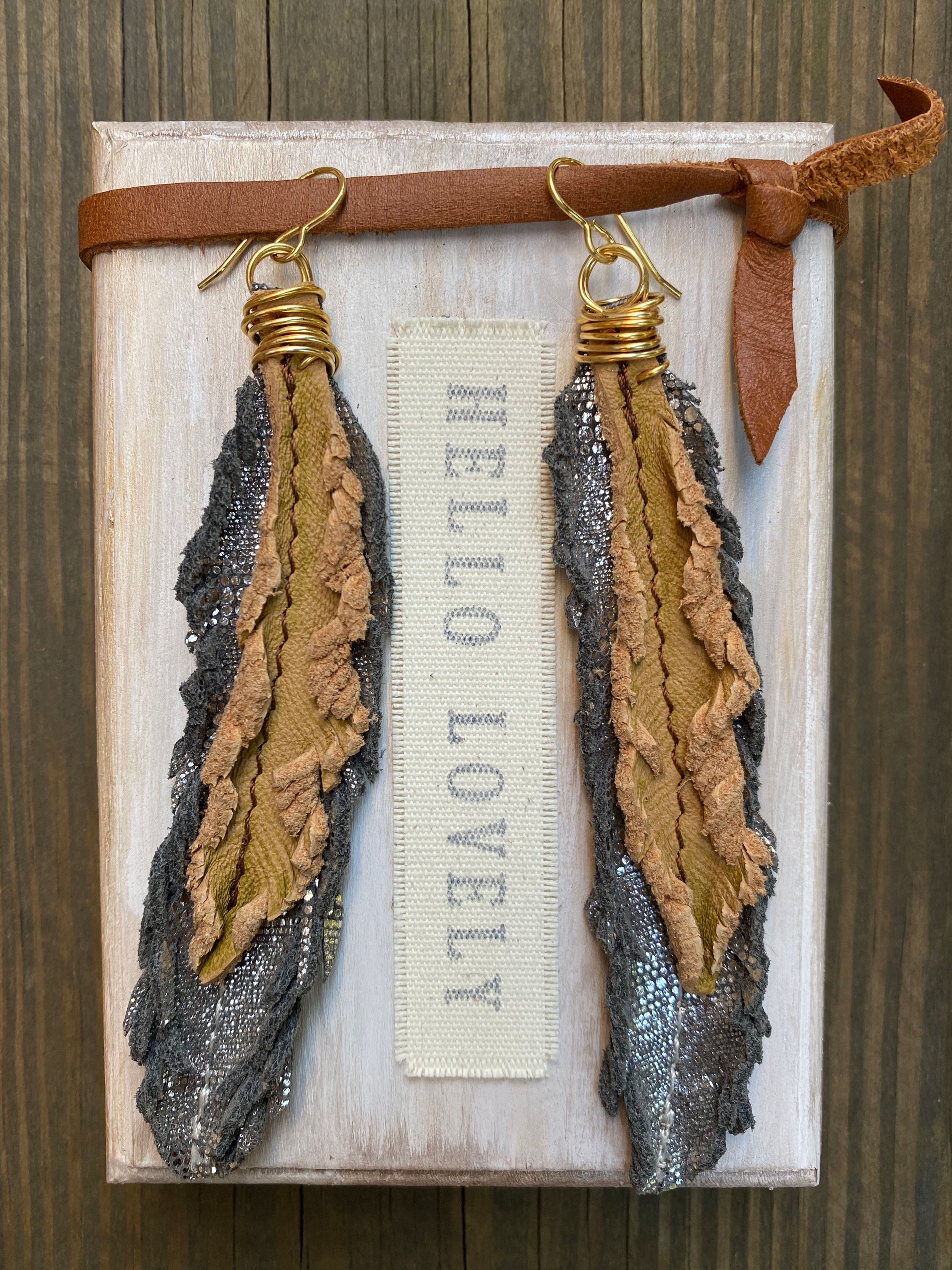 Boho Luxe - Silver Metallic and Buckskin Leather Feather Earrings, Gold Wire