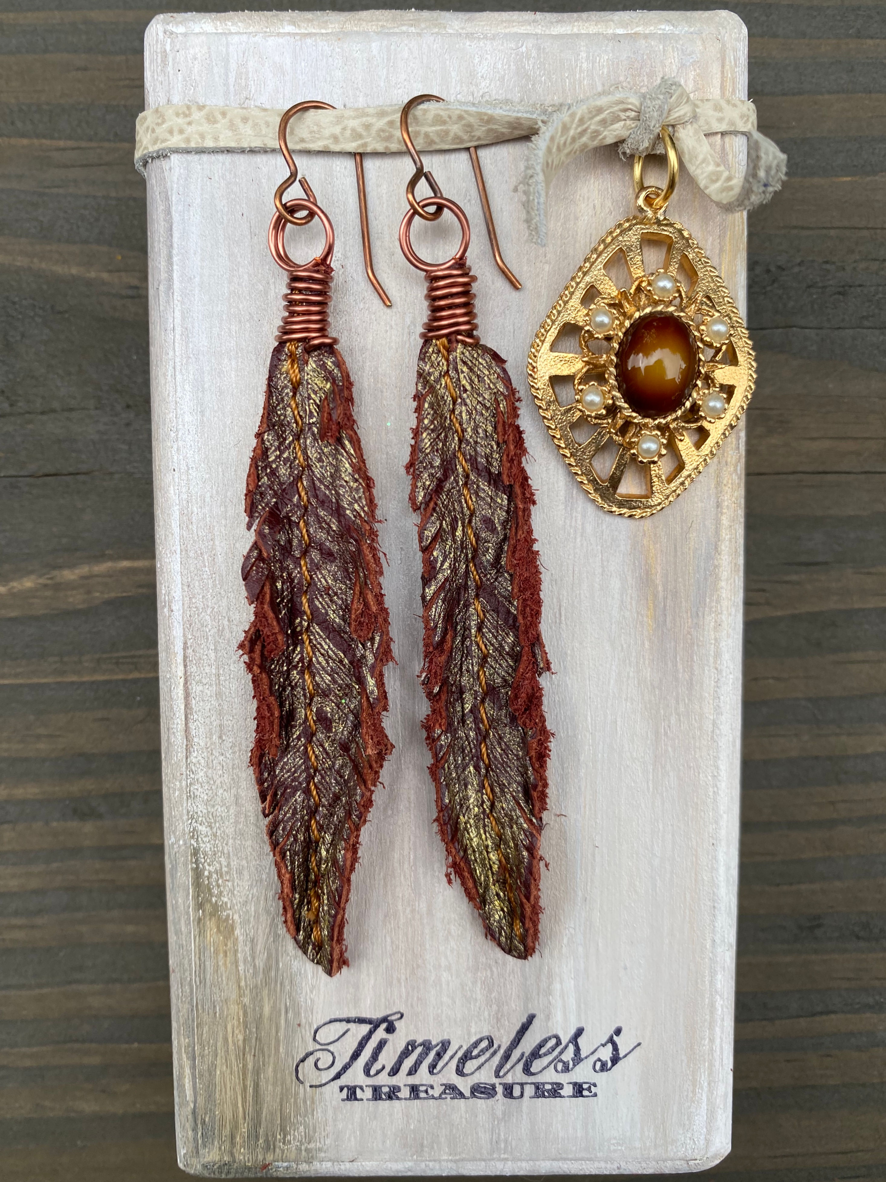 Cinnamon Red Leather Feather Earrings with Copper Wire