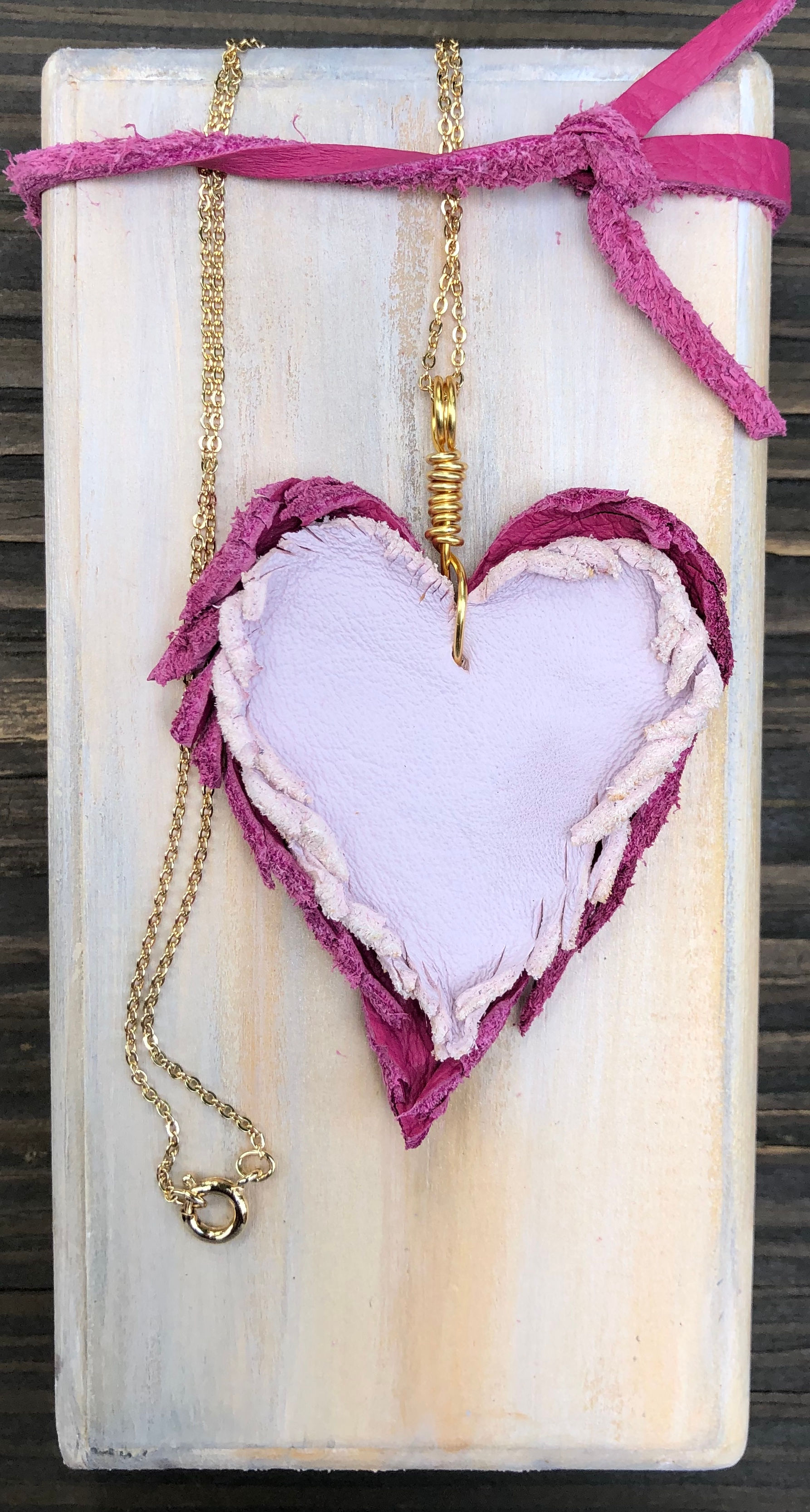 Soft Pink on Hot Pink Leather Heart Necklace with Gold Wire