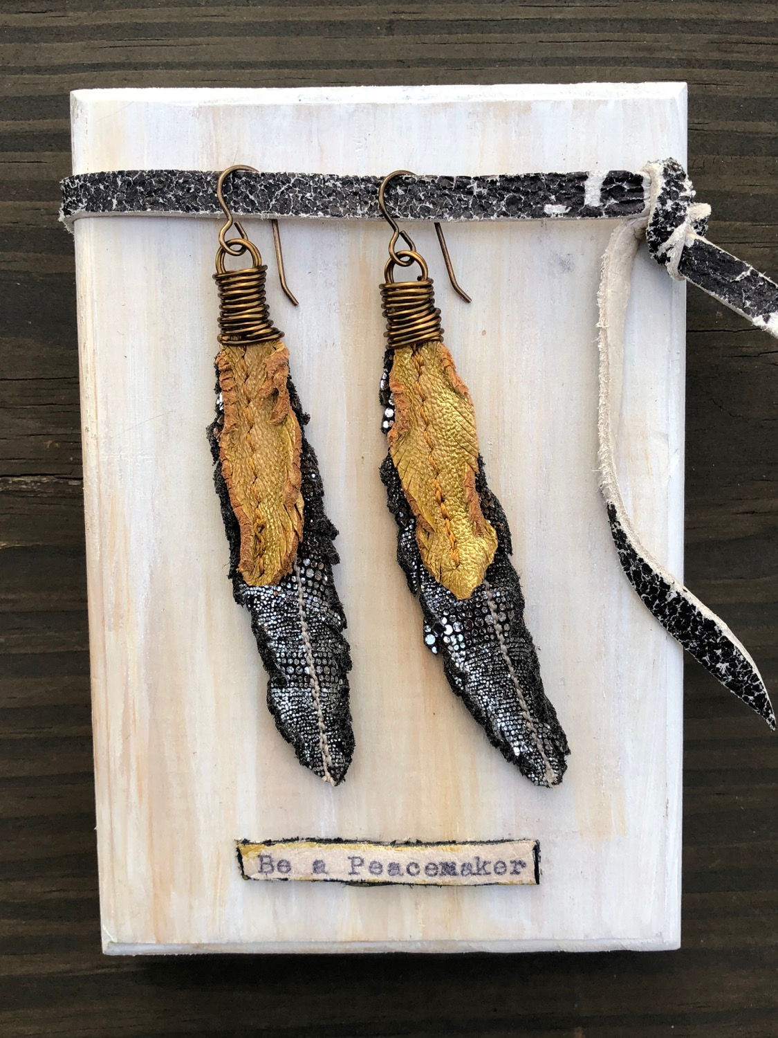 Metallic Black and Gold Double Leather Feather Earrings