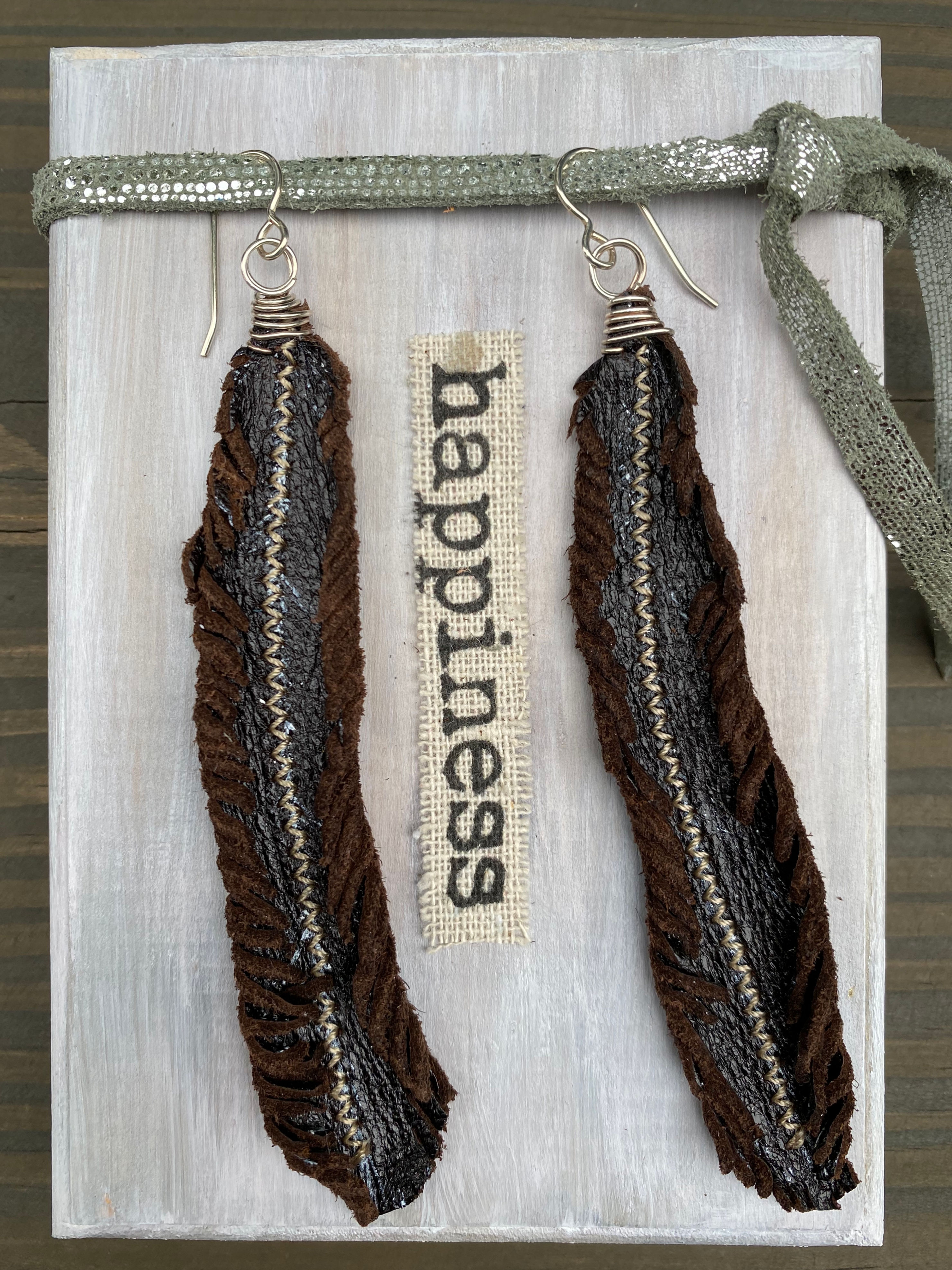 Rustic Espresso Leather Feather Earrings with Silver Wire