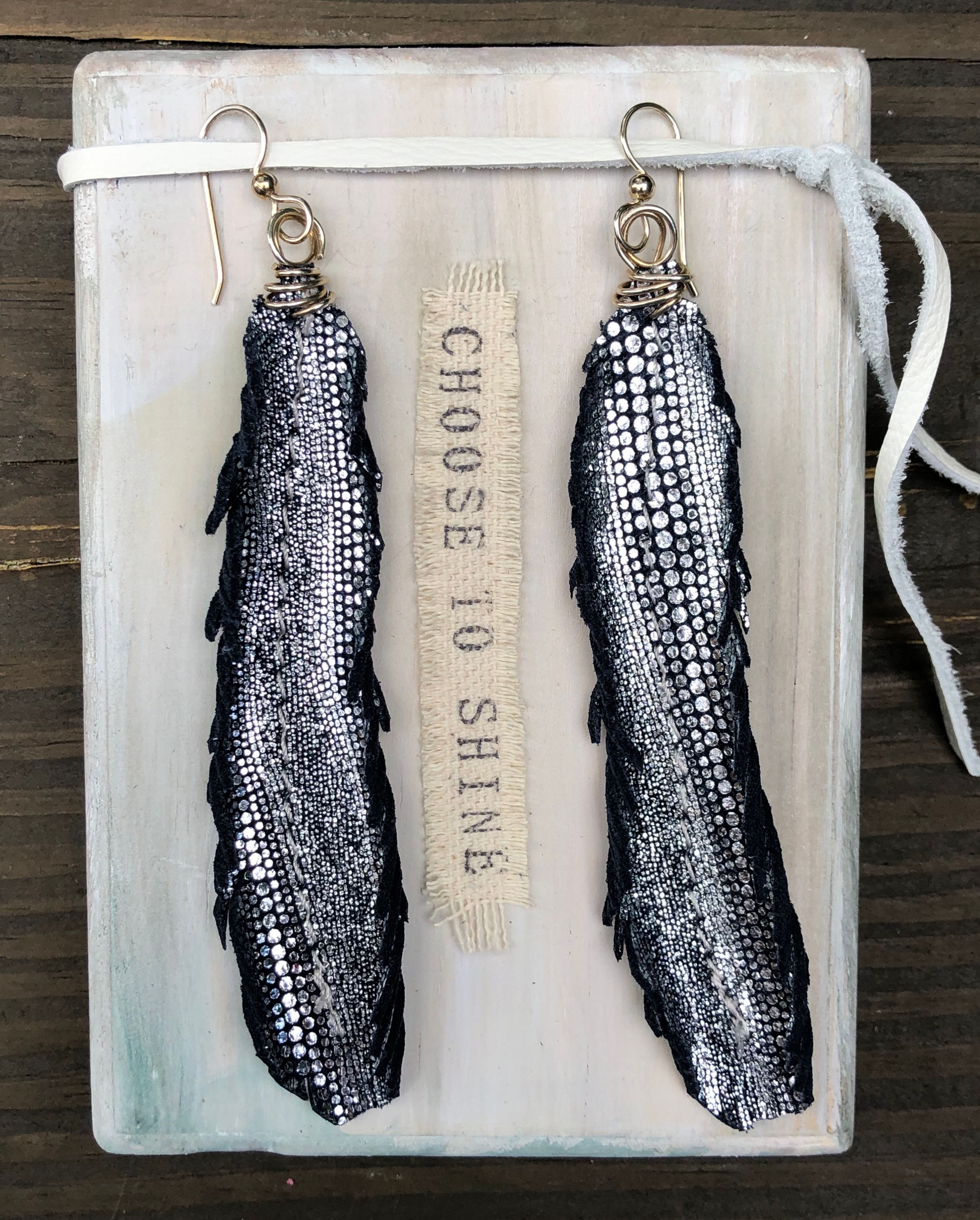 Blue & Silver Metallic Leather Feather Earrings with Silver Wire