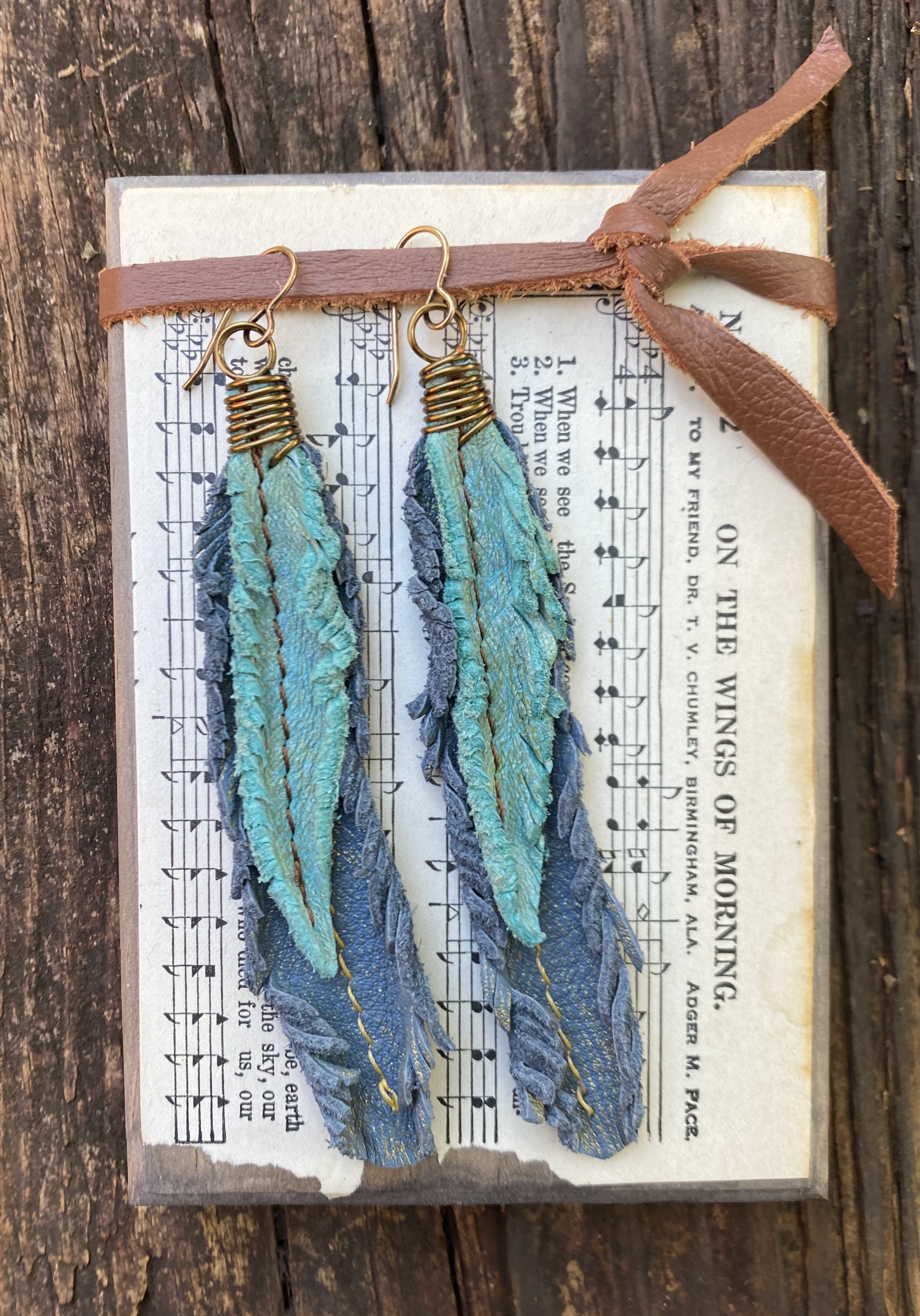 Teal and Blue Leather Feather Earrings with Natural Brass Wire